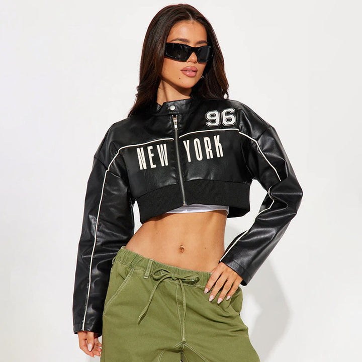 Personality Locomotive Leather Jacket Contrast Color Bud Stripe Numbers Short Faux Leather Jacket Spring Autumn