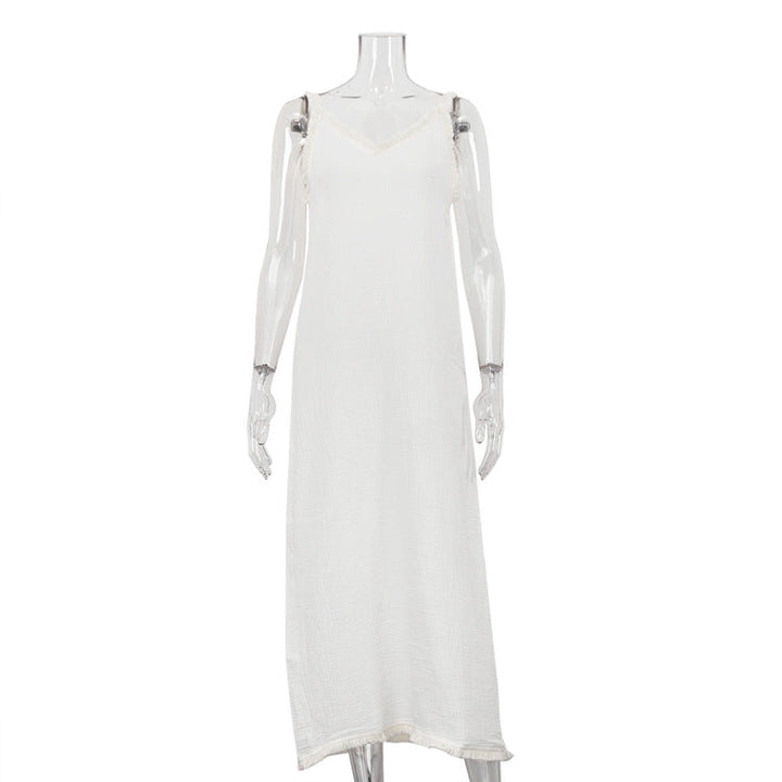 Women Clothing Fashionable Simple Casual Suspender Cotton Champray White V Collar Split Dress