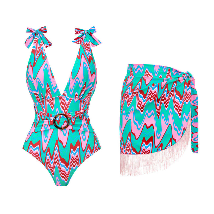 Spring Sexy Swimsuit Women Conservative Printed Swimsuit Wrap Skirt Set