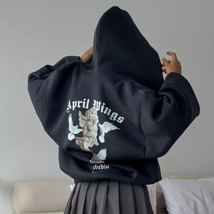 Loose Personality Trendy Sexy Casual Top Angel Print Hooded Zipper Sweatshirt for Women Spring Autumn