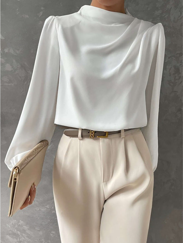 Solid Color Pleated Women Shirt Elegant Pullover Satin Top Office Long Sleeve Top