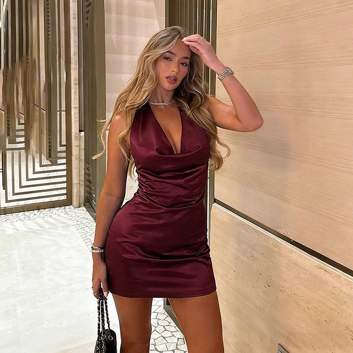 Spring Summer Short Sexy Halter Pockets Collar Sexy Sleeveless Sheath Dress