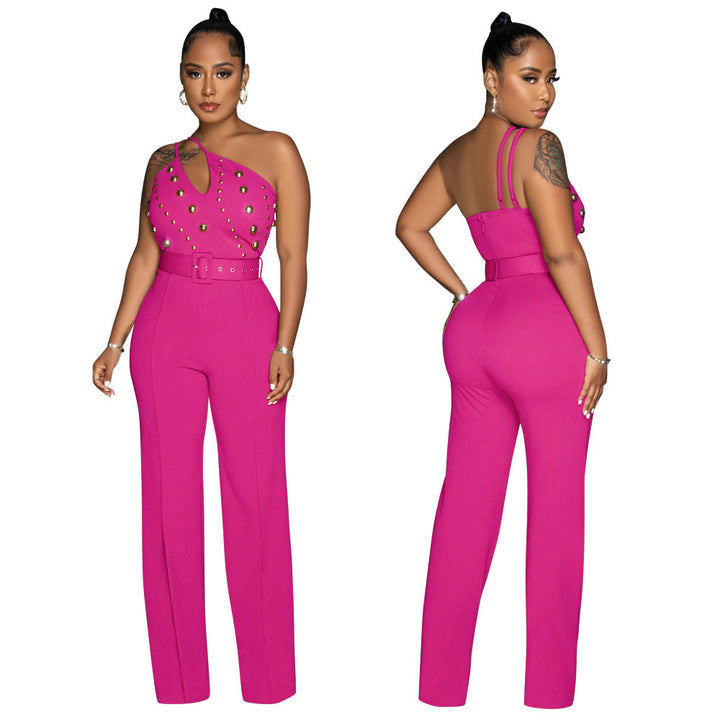 Solid Color Jumpsuit Slim Fit One Shoulder Wide Leg Pants Women