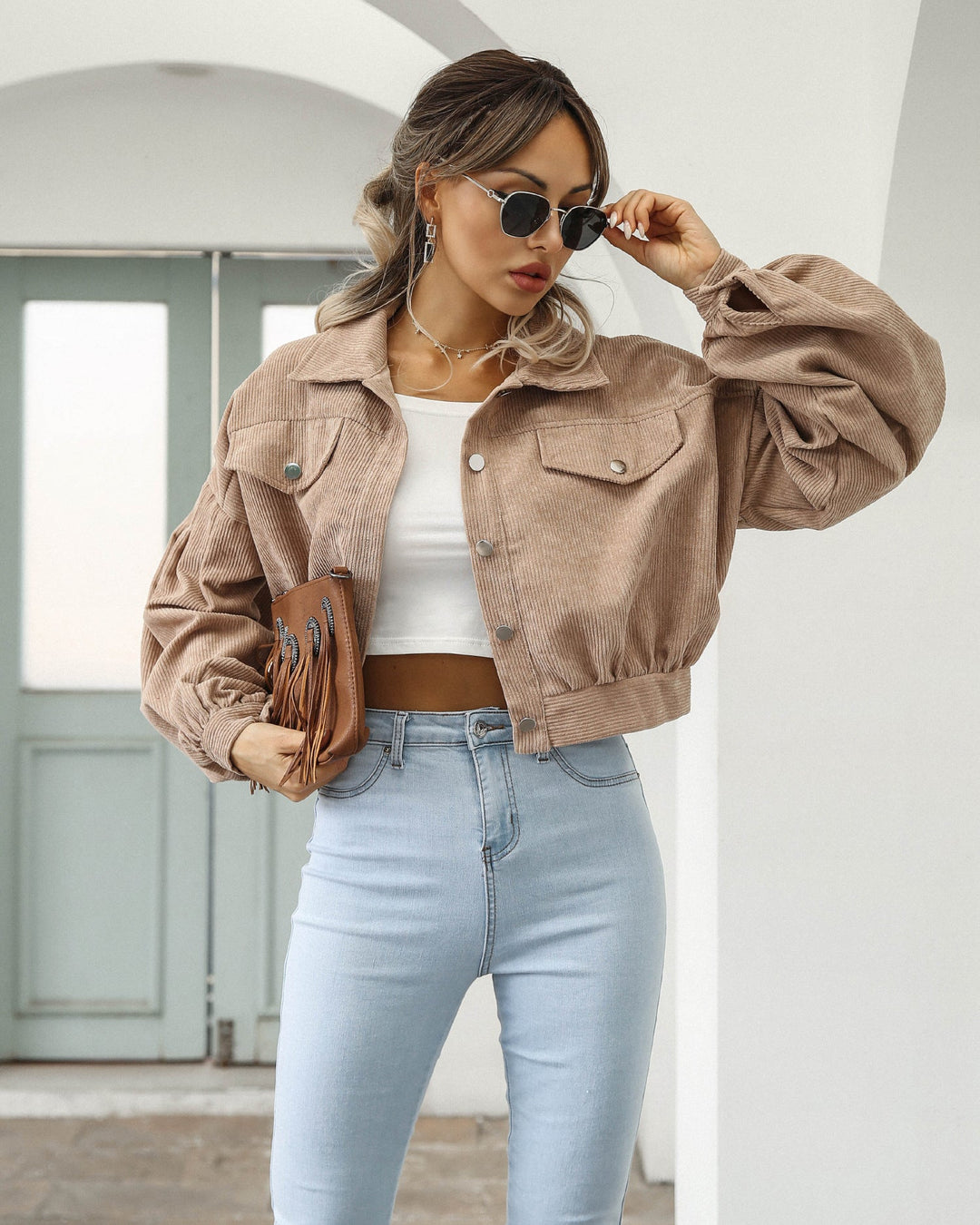 Autumn Winter Casual Collared Corduroy Jacket Lantern Sleeve Single-breasted Short Coat For Women