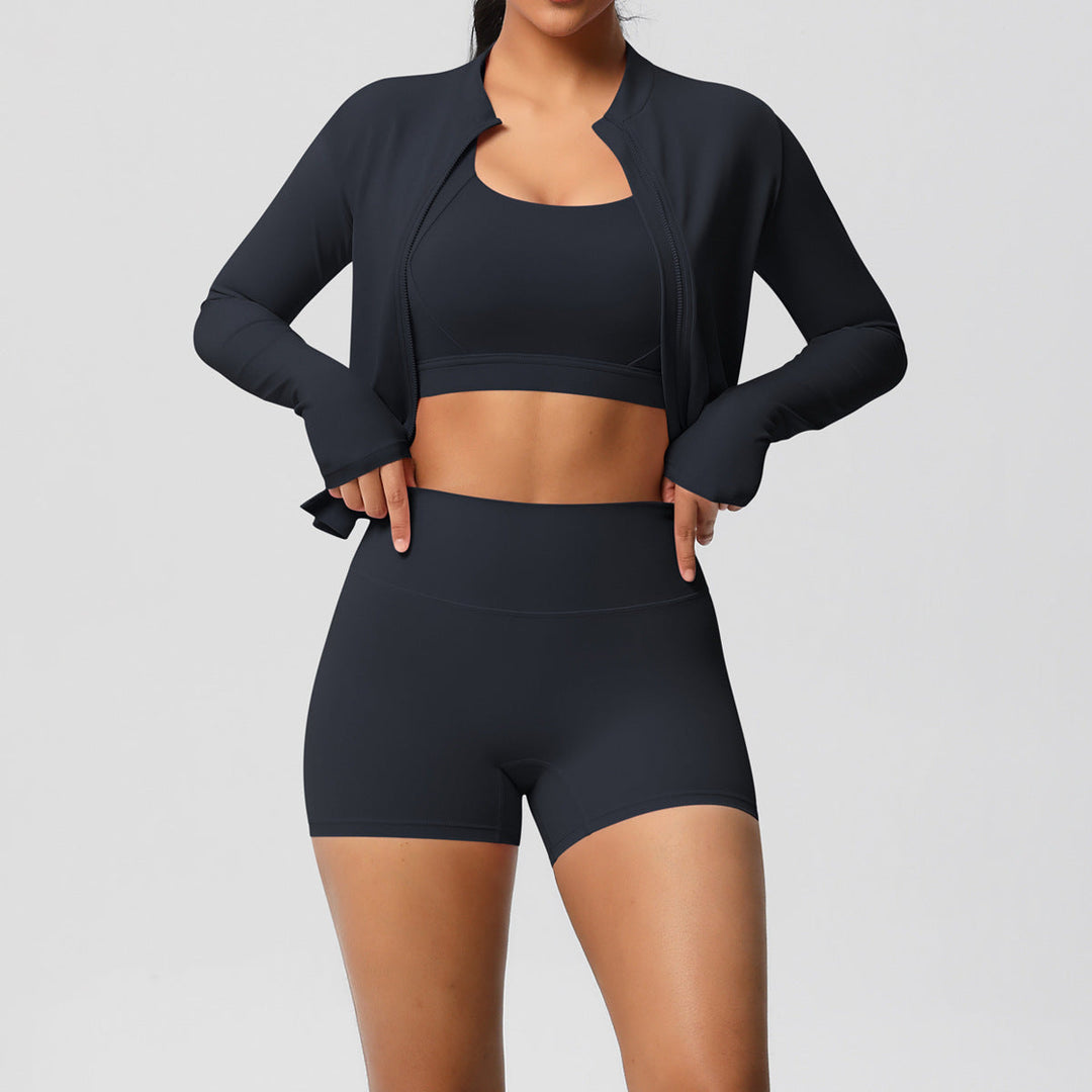 Solid Color Cloud Sense Yoga Bra Sports Coat Pilates Running Shorts Fitness Yoga Wear Three Piece Set for Women