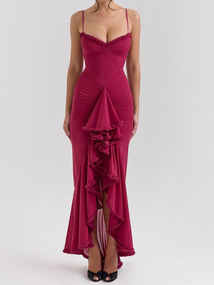 Early Autumn Women Wear High Grade Mesh Camisole Pleated Irregular Asymmetric Sleeveless Dress