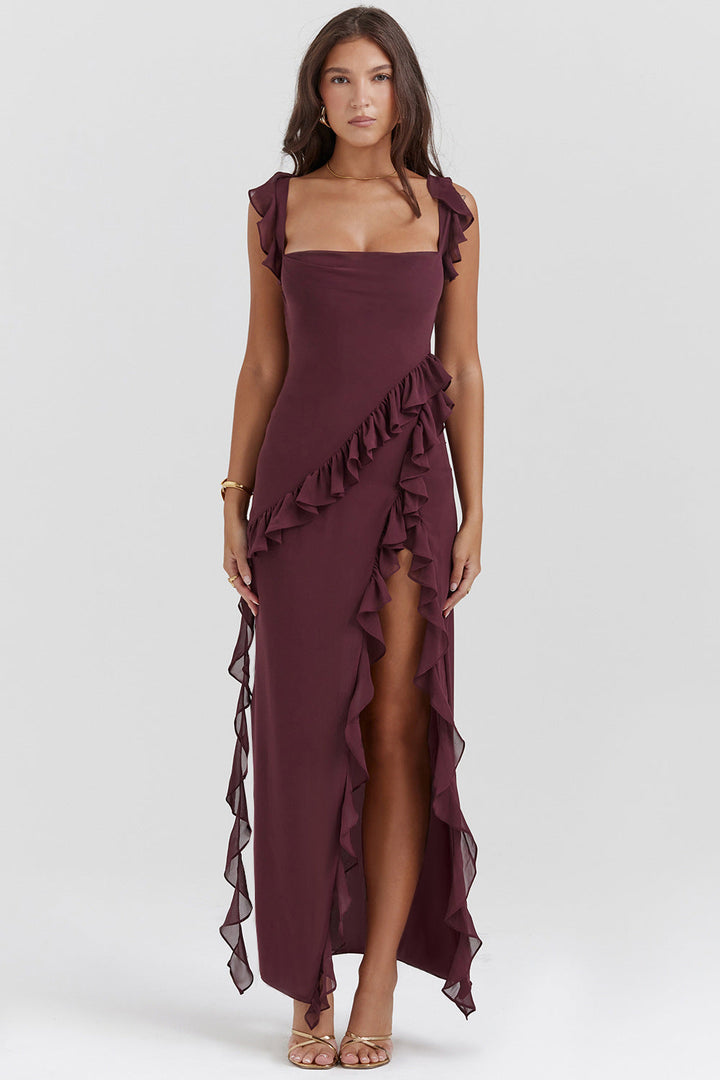 Summer French Strap Wooden Ear Sexy Split Printing Dress