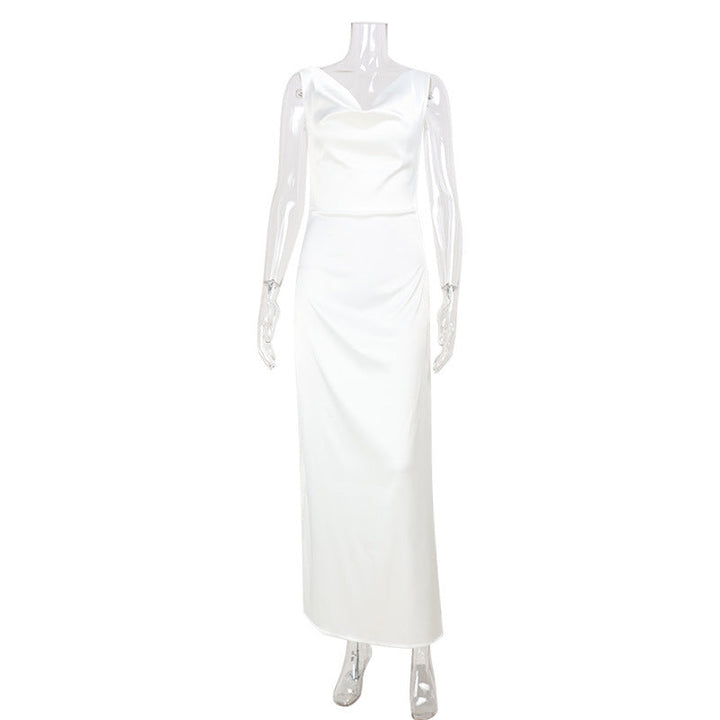 Women Clothing French Sleeveless V neck Texture Satin Long Sleeve Slim Fit Socialite Dress