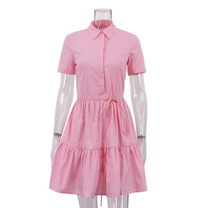 Women Clothing Polo Collar Short Sleeved Lace up Dress Summer Simple Sweet Shirt Short Dress