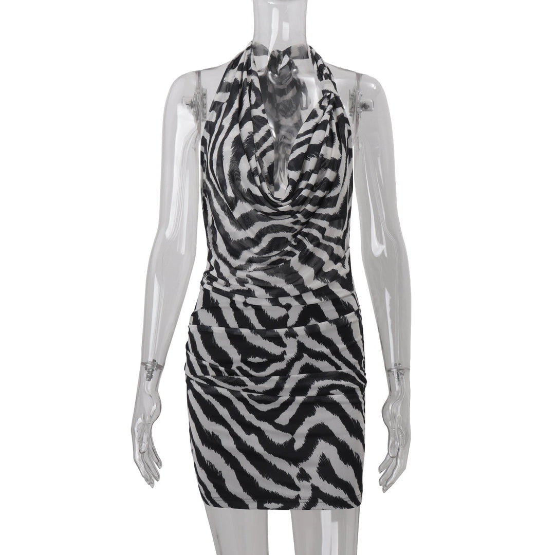 Women Clothing Autumn Sexy Halter Swing Collar Personality Zebra Pattern Sexy Hip Bag Dress Women