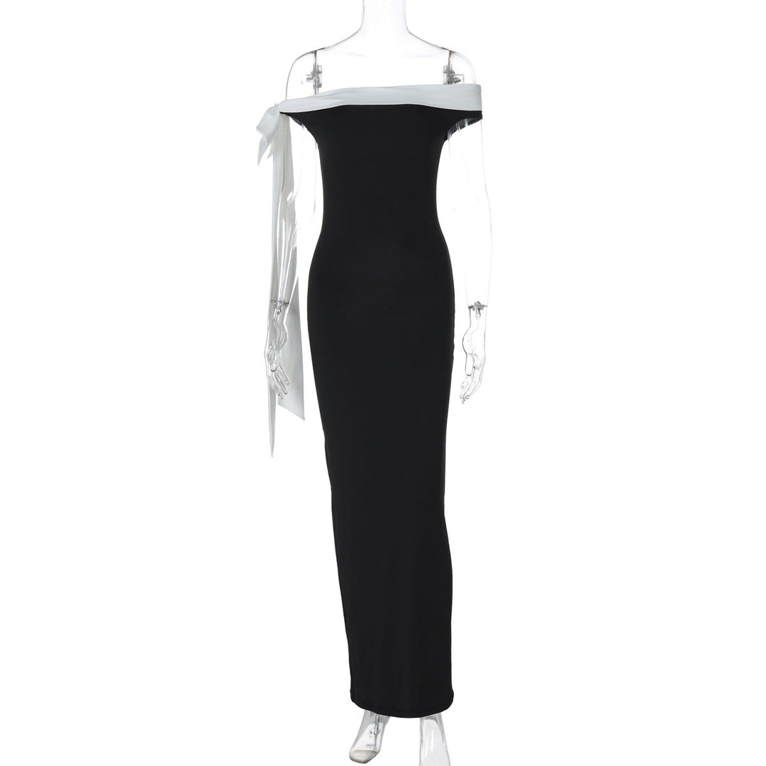 Women Clothing Autumn Winter Fashionable off Shoulder Ribbon Slim Solid Color Dress