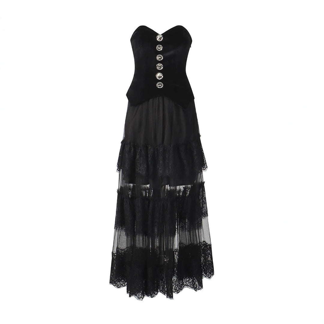 Summer Sexy Spicy Girl Retro Lace Stitching Tube Top Waist Slimming Niche Dress Women