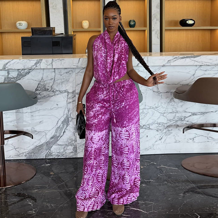 Special Multicolor Women Clothing Loose Pleated Printed Pants Set Swing Collar Summer Outdoor Long Two Piece Set
