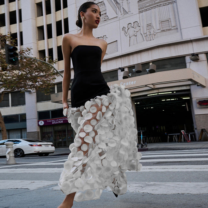 Spring Summer Black White Tube Top Dress Three Dimensional Floral Pettiskirt Dinner Wedding Dress Host Dress