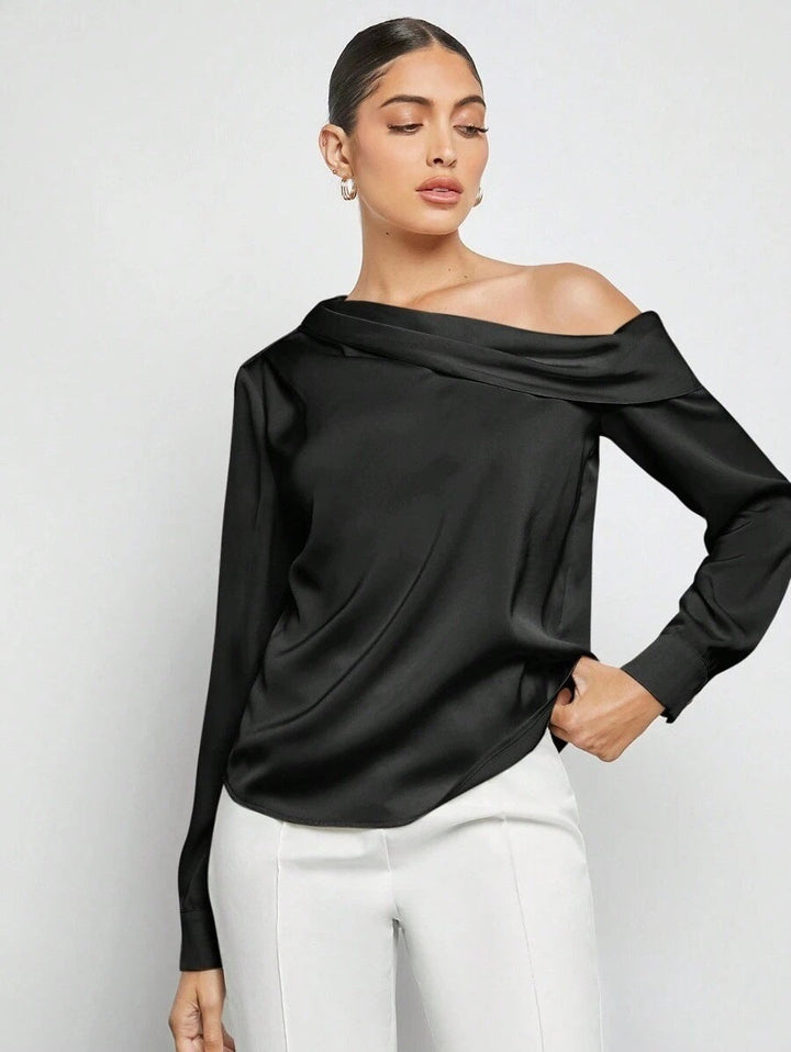Pleated Satin Shirt Top Spring Summer off the Shoulder Asymmetric Long Sleeve Shirt Women Clothing
