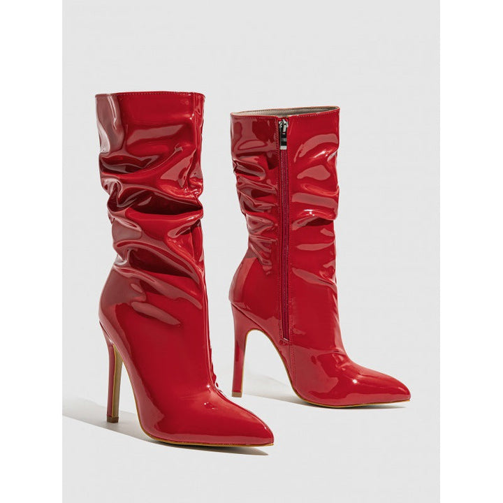 Supply Pointed Stiletto Heel Pile Boots Patent Leather Nude Shoes Short High Heel Riding Boots