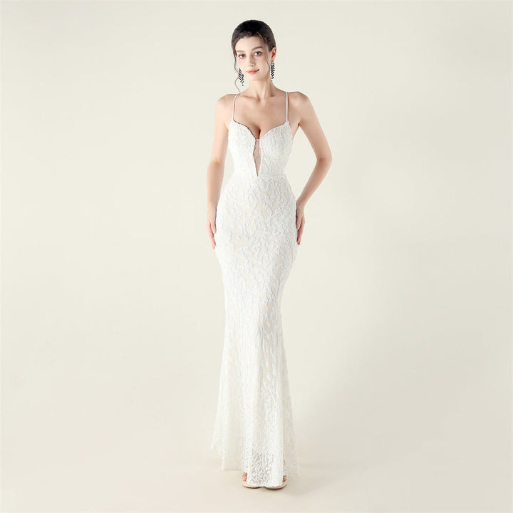 Beaded Embroidery Sequined Waist Trimming Lace up Deep V Plunge Heart Strap Evening Dress Cocktail Party