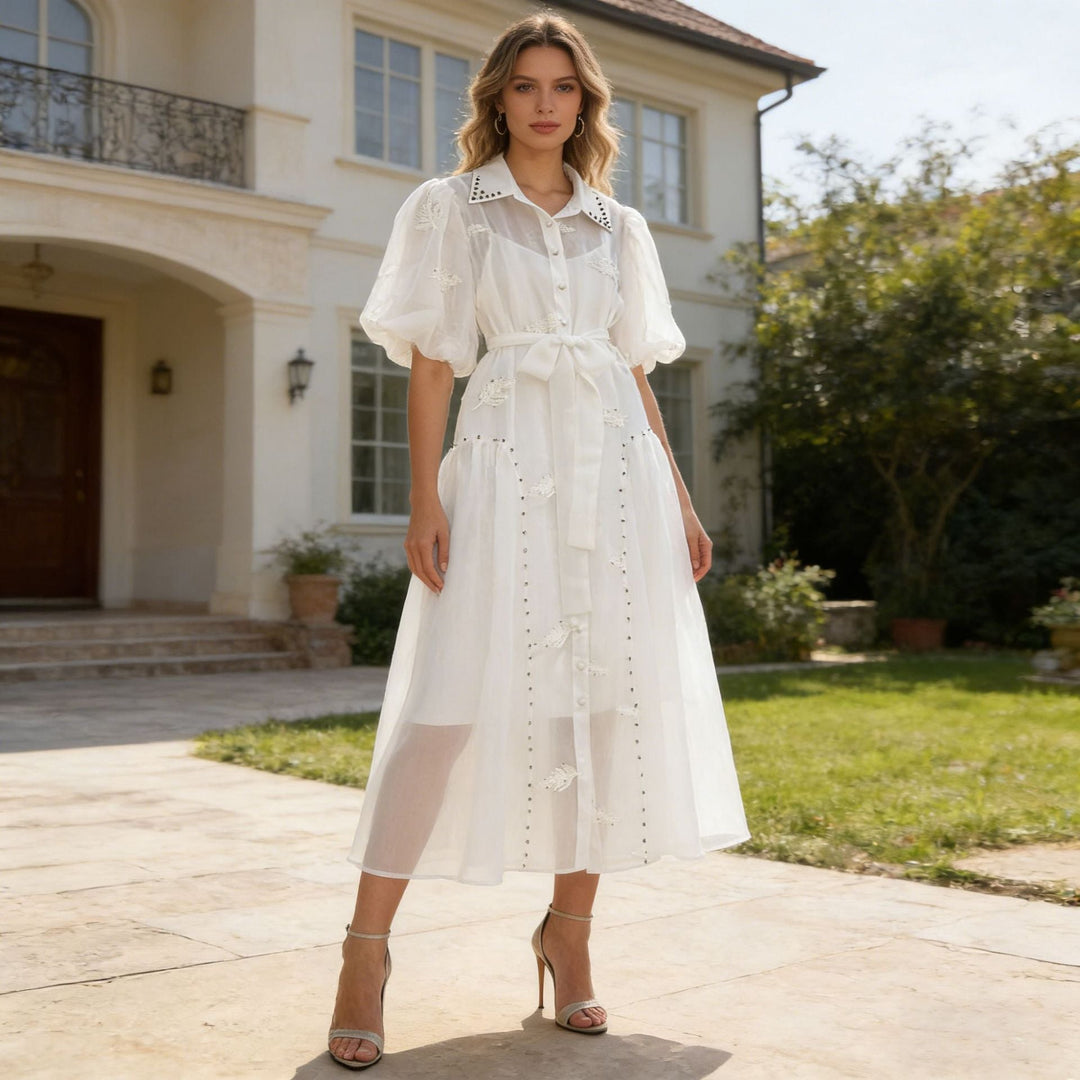Spring Puff Sleeve Solid Color Waist Tight Collared Patchwork Maxi Dress Two Piece Elegant Dress for Women