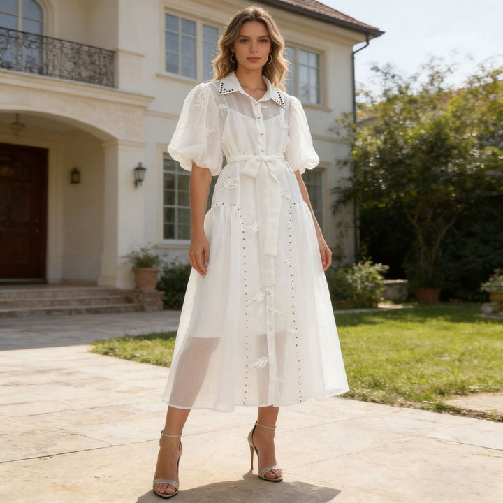 Spring Puff Sleeve Solid Color Waist Tight Collared Patchwork Maxi Dress Two Piece Elegant Dress for Women