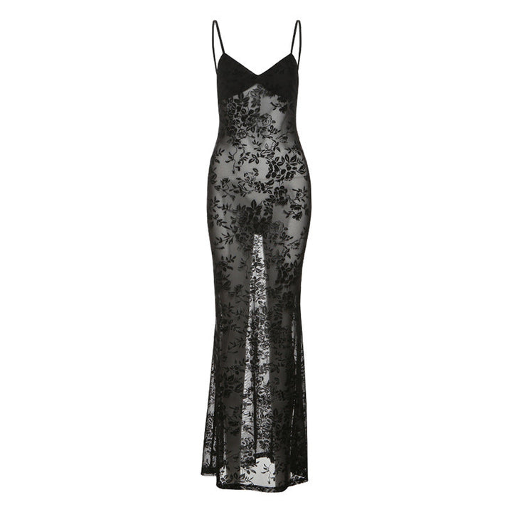 Spring Summer Women Mesh Sexy See through V neck Backless Slim Fit Sling Dress