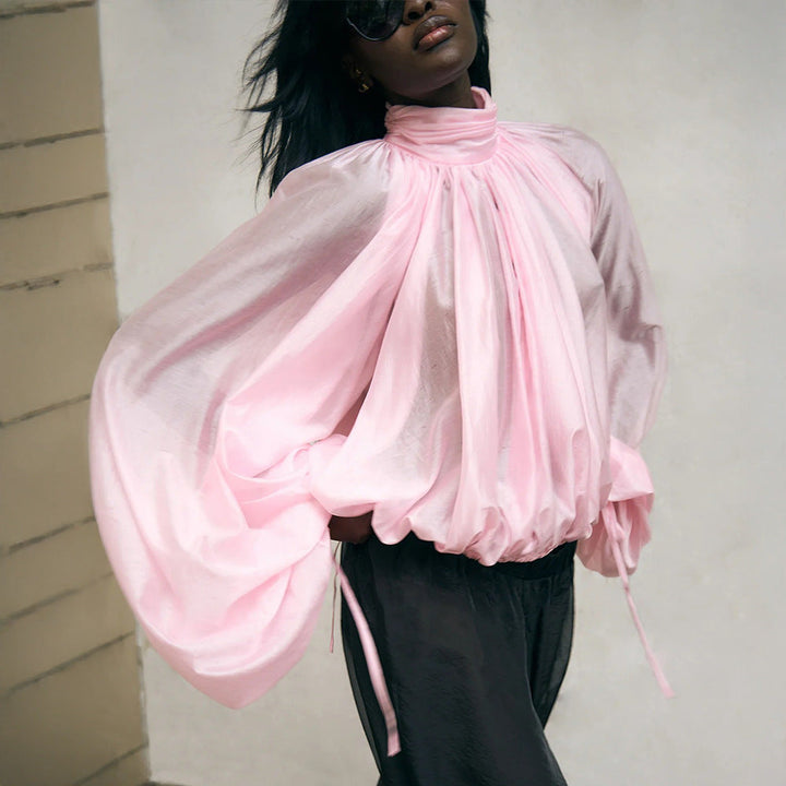 Turtleneck Long Sleeve Shirt Spring Summer Semi Transparent Lantern Sleeve Pleated Bud Turtleneck Shirt