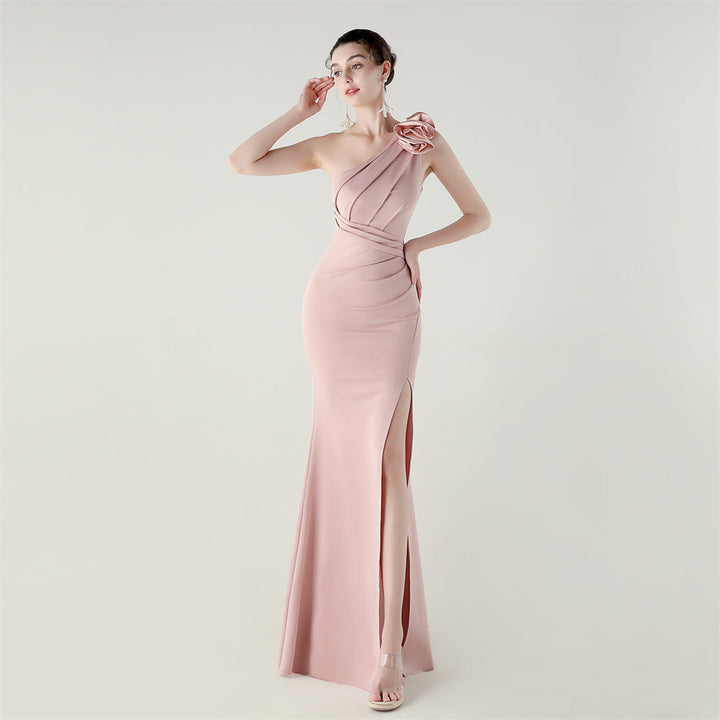 One Shoulder Three Dimensional Floral Satin Folding High Slit Sexy Evening Dress Dinner Wedding Social