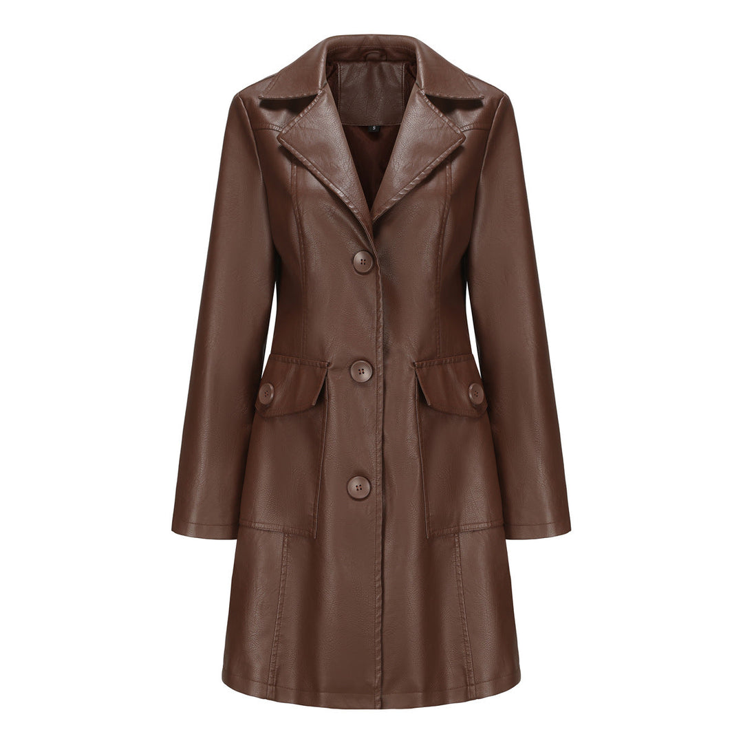 Long Leather Coat Spring Autumn Long Sleeve Leather Wind Coat British Coat Women Collared Single Breasted