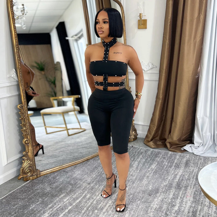 Women Wear Sexy off the Shoulder Bubble Beads Halter Solid Color Jumpsuit