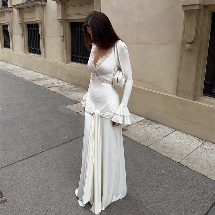 Spring Women Elegant Dress Elegant Design Sexy Lace Stitching Slim Fit Maxi Dress