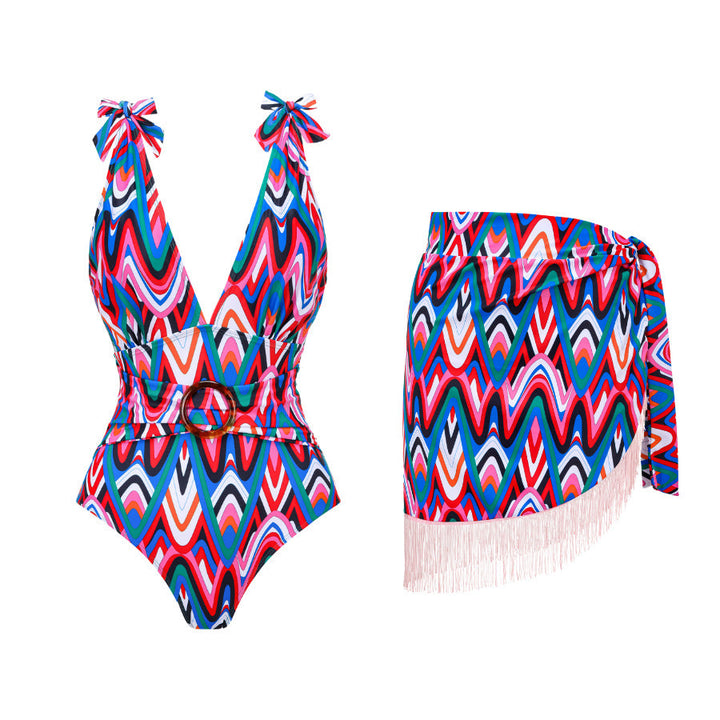 Spring Sexy Swimsuit Women Conservative Printed Swimsuit Wrap Skirt Set