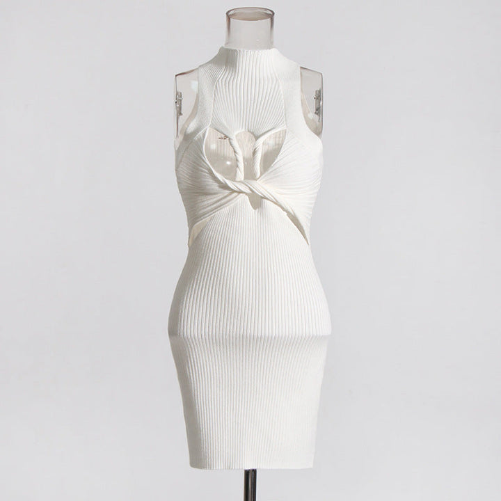 Sexy Sleeveless Elegant Design Hollow Out Cutout Twist Slim Fit Slimming Knitted Dress Women