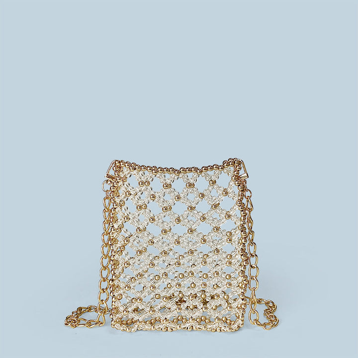 Personalized Minority Metal Texture Design Shoulder Bag Handmade Beaded Hollow Out Cutout Shiny Small Square Bag Messenger Bag