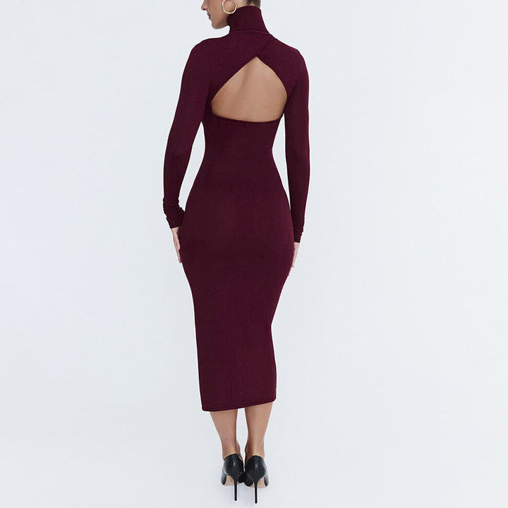 Women Sexy Slim Deep Cerise Hollow Out Cutout Split Mid Length Dress