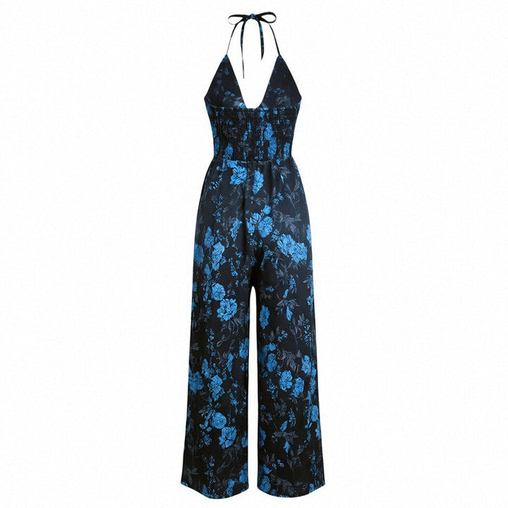 Bohemian Halter Jumpsuit Women Summer Printed High Waist Wide Leg Pants Seaside Vacation Jumpsuit
