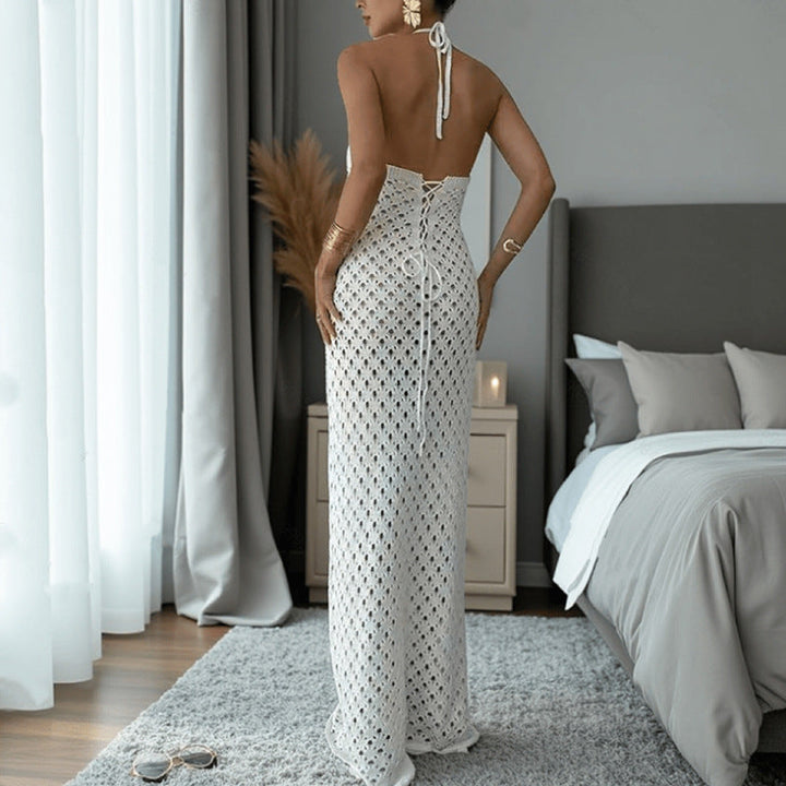 Solid Color Design Hollow Out Cutout out Knitted Dress Sleeveless Backless Lace up Beach Vacation Long Sheath Dress for Women