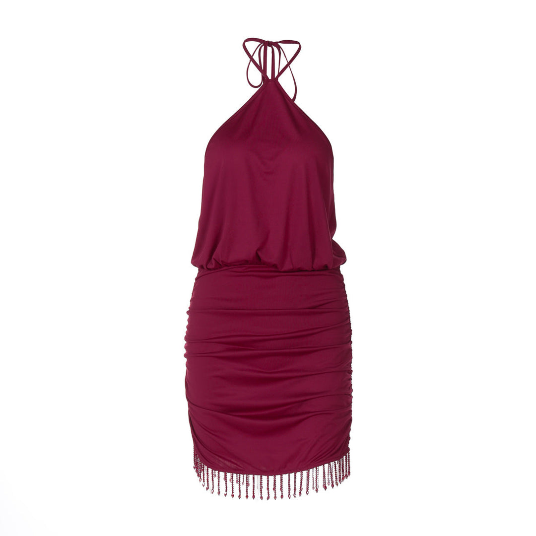 Women Clothing Autumn Lace Halter Sexy Backless Crystal Tassels Slim Fit Sheath Dress