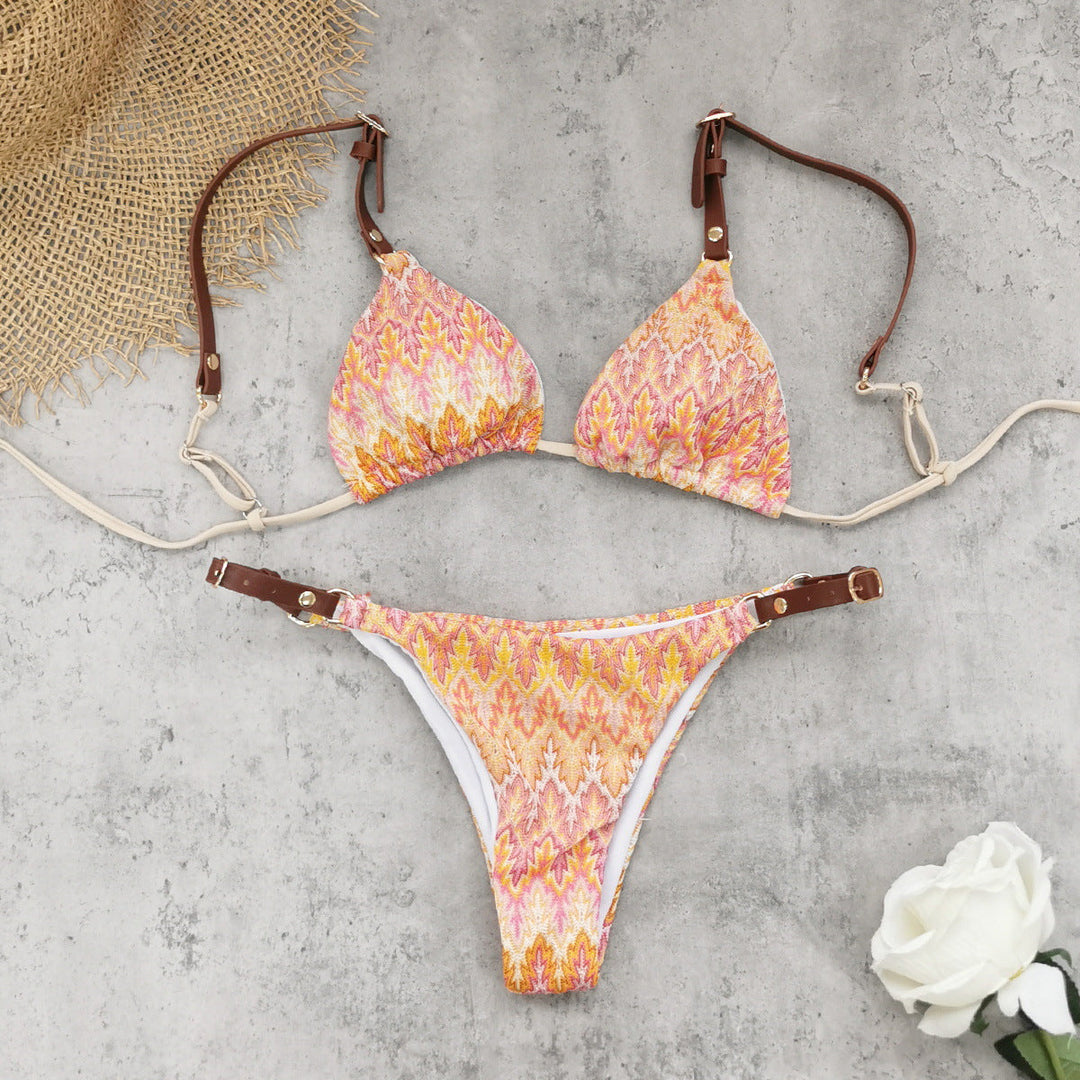 Adjustable Shoulder Strap Low Waist Briefs Bikini Sexy Stripes Printed Split Swimsuit Women