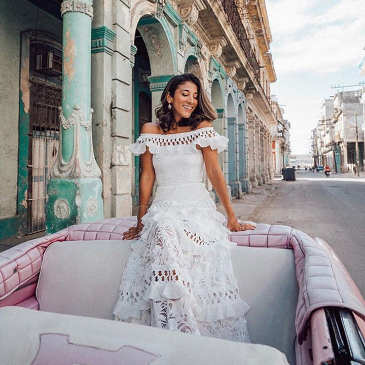 Summer Women Clothing off Shoulder Ruffled Hollow Out Cutout Wide Hem Lace Long Dress