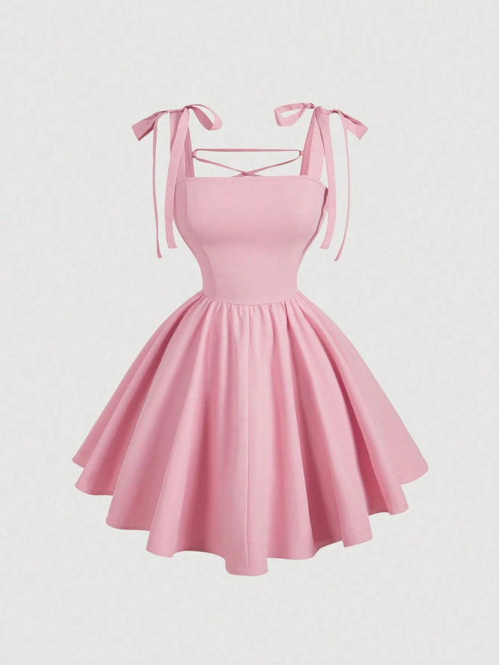Slimming Flounce Square Collar Summer Dress French Sweet Spicy Pink Bow Bandage Sexy Sling Dress
