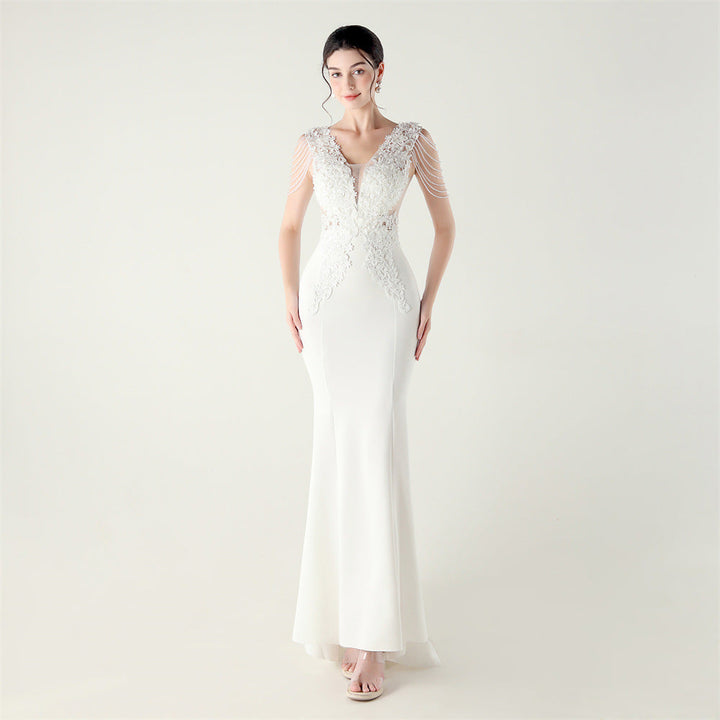 Satin Heavy Industry Beaded Three Dimensional Applique Boning Corset Waist-Tight Evening Dress Lace Tassels Design Cocktail Social Networking