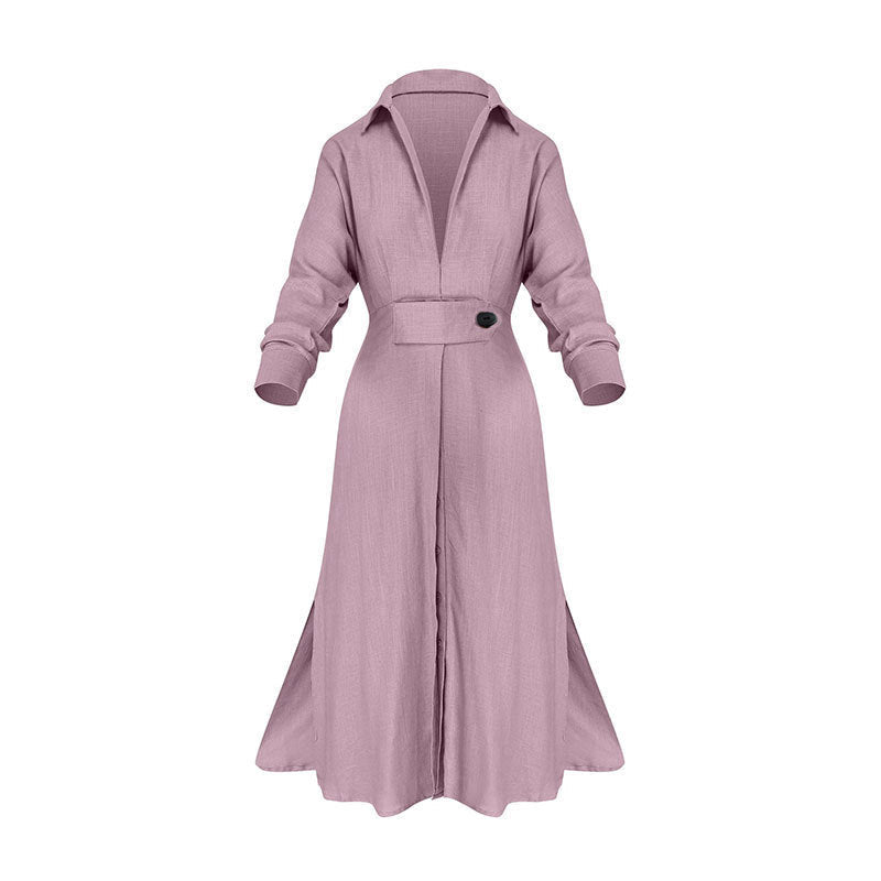 Autumn Office Lace Up Solid Color Waist Tight Long Sleeve Irregular Asymmetric Shirt Dress