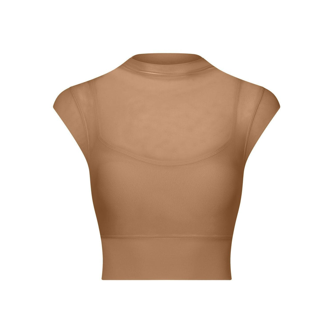 Sexy Mesh Yoga Clothes Flounced Sleeve Running Quick Drying Sports Bra with Chest Pad One Piece Cup Workout Clothes Top