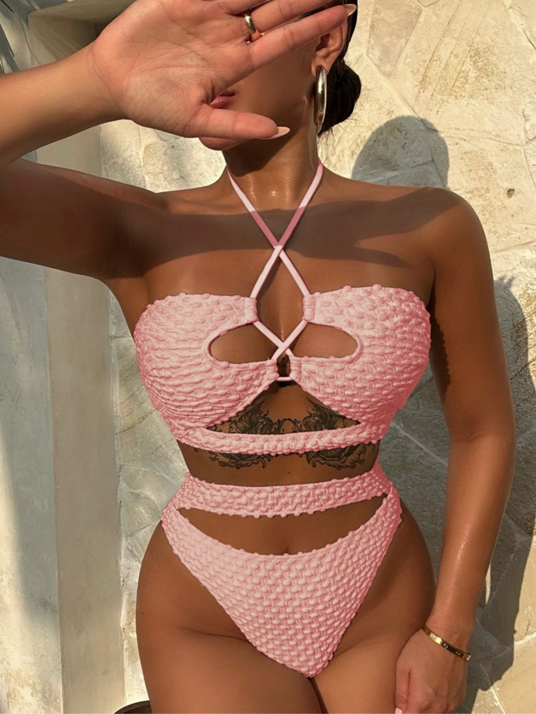 Luoguo Bikini Beige Sexy Swimsuit Women Split Drawstring Swimsuit