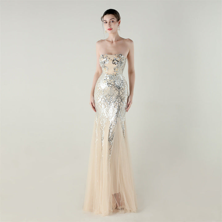 Tube Top Cross Strap Beaded Tube Floral Sequin Mesh Evening Dress Cocktail Wedding Social Elegant Clothing