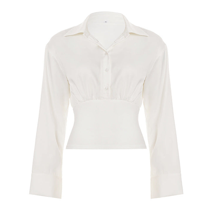 Summer Autumn Breasted Collared Sexy White Shirt Waist Controlled Slimming Long Sleeve T shirt