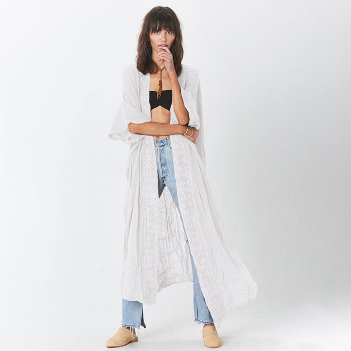 Rust Red Lace Cardigan Loose Beach Sun Protection Coat Beach Cover Up Swimsuit Outwear Women