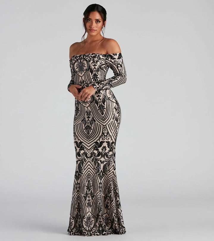 Women Elegant Sequ Sexy off Neck Dress Cocktail Evening Maxi Dress