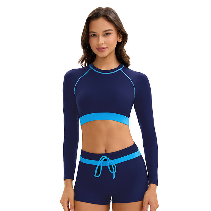 Long Sleeve Women Sports Split Swimsuit Conservative Color Matching Boxer Sun Protection Swimming Set