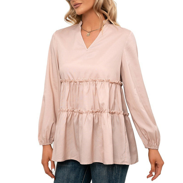Solid Color Stringy Selvedge V-neck Mid-Length Shirt Slim-Fit Tata Shirt Top for Women
