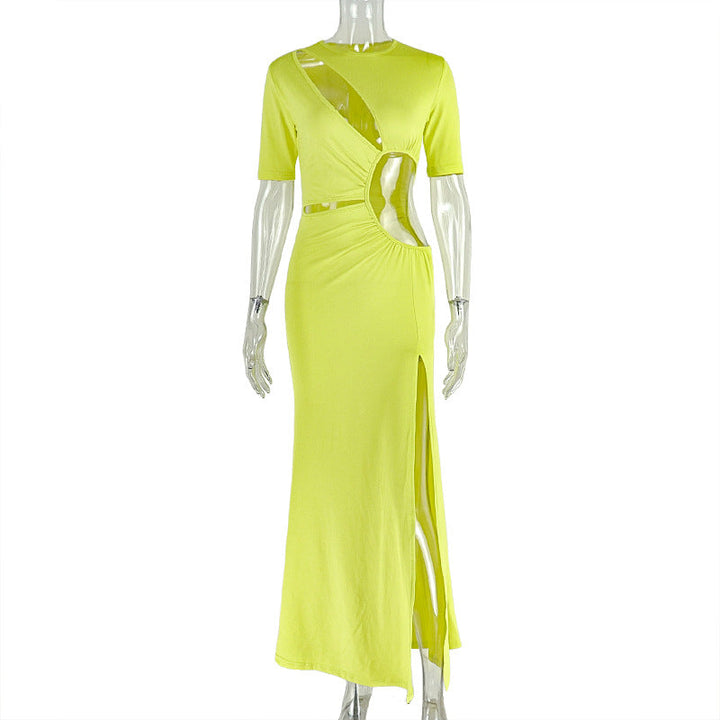 Elegant Women Clothing Hollowed out Split Socialite Asymmetric Dress round Neck Solid Color Pleated Dress